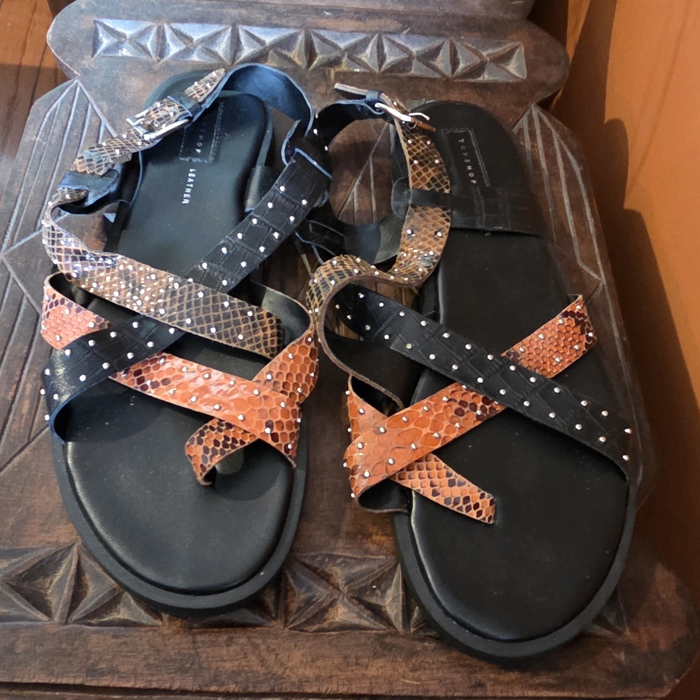 Topshop Black and Brown Snake-Print Studded Crisscross Sandals
